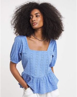 Simply Be Stretch Broderie Square Neck Peplum - Blue
