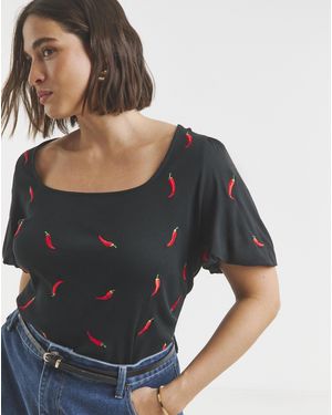 Simply Be Chilli Embroidered Puff Sleeve Top - Grey