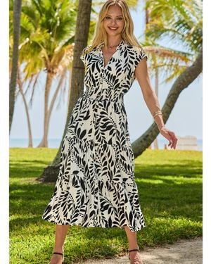 Sosandar Wood Block Shirred Wasit Dress - Green