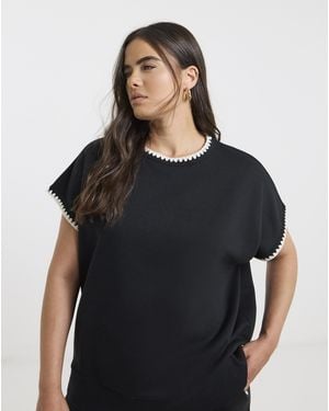 Simply Be Blanket Stitch Short Sleeve Sweatshirt - Black