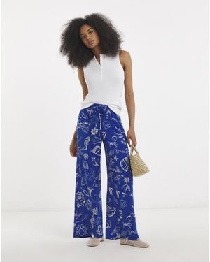 Simply Be Shell Print Wide Leg Crinkle Trouser - Blue