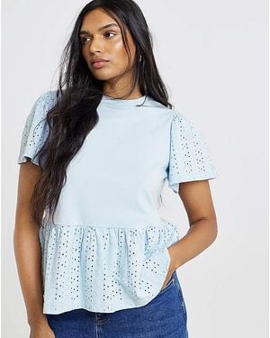 Simply Be Crew Neck Peplum Broderie Top - Blue
