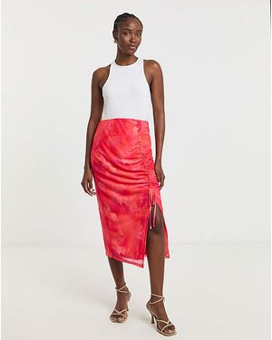 Simply Be Mesh Overlay Ruched Side Midi Skirt - Red