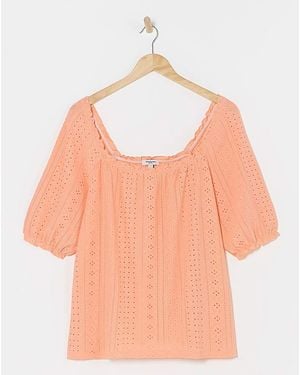 Simply Be Coral Jersey Broderie Square Neck Top - Multicolour