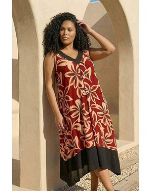 Roman Curve Floral Print V-Neck Dress - Red