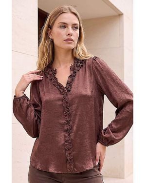 Roman Roman Crinkle Satin Frill V-Neck Top - Brown