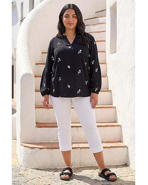 Roman Curve Embroidered Woven Top - Black