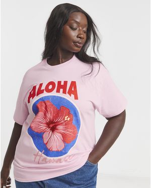 Simply Be Aloha Floral Slogan T-Shirt - Pink