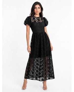 Lovedrobe Floral Lace Puff Sleeve Dress - Black