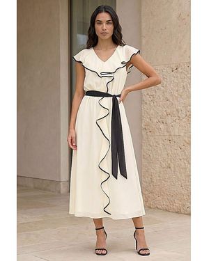Roman Roman Frill Contrast Tipped Midi Dress - Natural