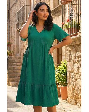 Roman Curve Textured V-Neck Midi Dress - Green
