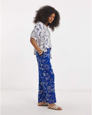 Simply Be Shell Print Wide Leg Crinkle Trouser - Blue