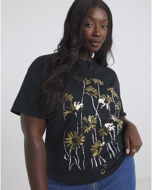 Simply Be Floral Foil Print Graphic T-Shirt - Black
