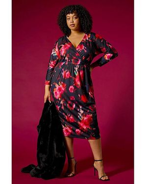Roman Curve Floral Print Mesh Midi Dress - Red