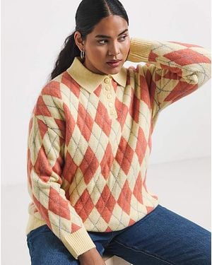 Simply Be Sponge Argyle Polo Jumper - Orange