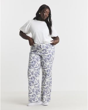 Simply Be Floral Denim Wide Leg Jeans - White