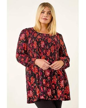 Roman Curve Floral Print Stretch Top - Red