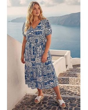 Roman Curve Postcard Print Midi Dress - Blue