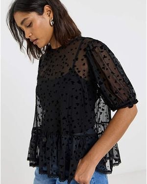 Simply Be Velvet Heart Mesh Puff Sleeve Top - Black