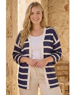 Roman Curve Stripe Crochet Knit Cardigan - Blue
