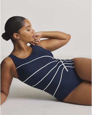 Beach To Beach Sports Swimsuit High Neck Piping Detail - Blue