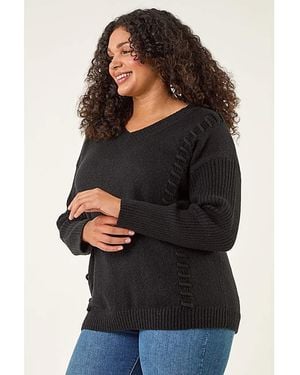 Roman Curve Stitch V-Neck Knit Jumper - Black