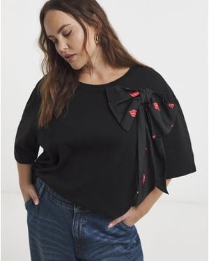 Simply Be Lips Print Satin Bow T-Shirt - Black