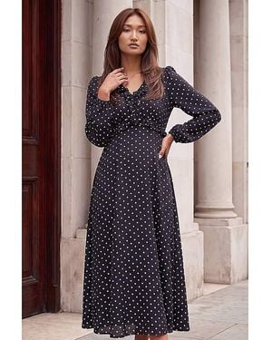 Roman Roman Polka Dot Frill Midi Dress - Black