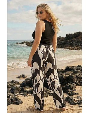 Roman Curve Leaf Print Stretch Trousers - Black