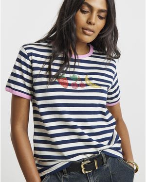 Simply Be Stripe Embroidered Slim T-Shirt - Blue