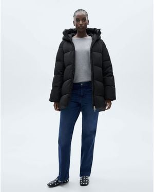 Mango Quilted Anorak Puffer With Hood - Blue
