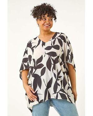 Roman Curve Leaf Print Cocoon Top - White