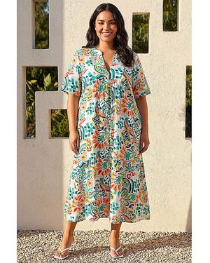 Roman Curve Printed V-Neck Midi Dress - Blue