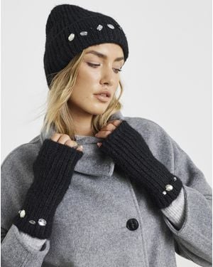 JD Williams Jewel Embellished Hat & Handwarmer Set - Black
