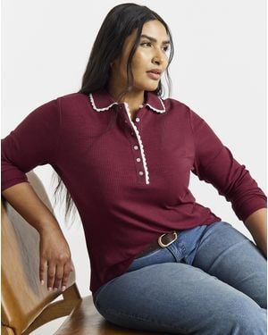 Simply Be Contrast Scallop Trim Ls Polo - Red