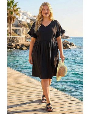 Roman Curve Cotton V-Neck Frill Dress - Blue