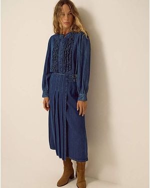 Monsoon Kitty Denim Kilt Midi Skirt - Blue