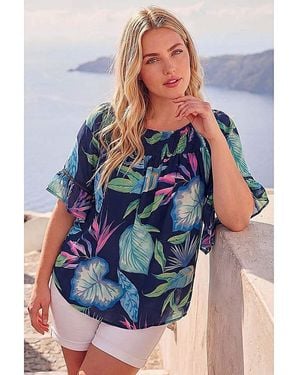 Roman Curve Floral Shirred Bardot Top - Blue
