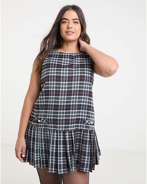 Neon Rose Tartan Mini Dress - Blue