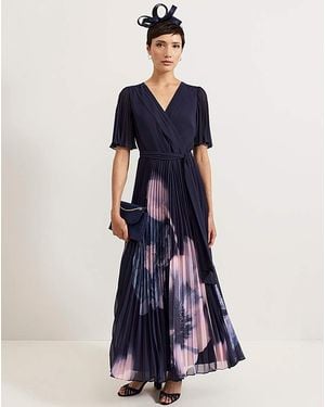 Phase Eight Printed Pleat Maxi Dress - Blue
