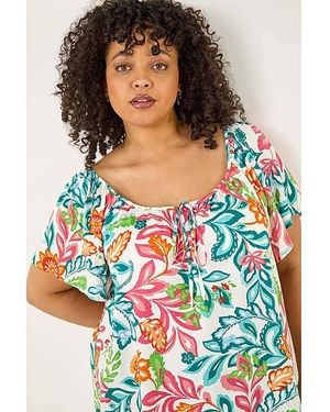 Roman Curve Floral Pom Pom Bardot Top - Blue