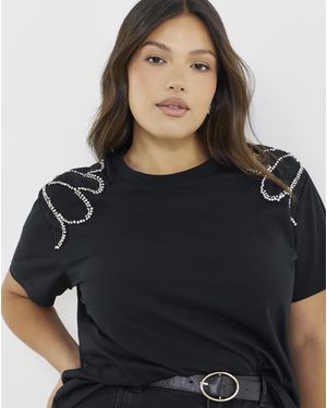 Simply Be Diamante Shoulder Detail T-Shirt - Black
