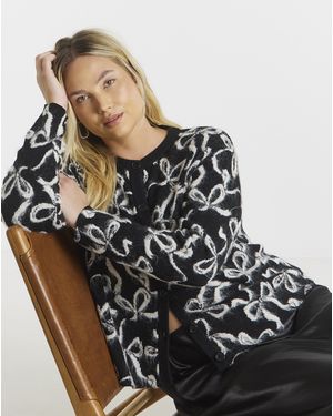 Simply Be Bow Print Fluffy Crew Neck Cardigan - Black
