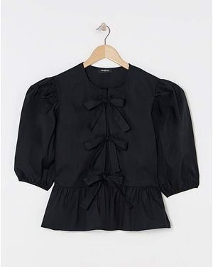 Simply Be Tie Front Puff Sleeve Smock Top - Black