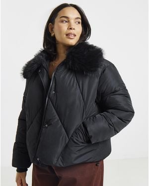 Simply Be Faux Fur Collar Short Padded Coat - Black