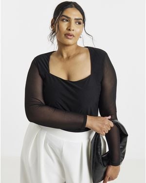 Simply Be Mesh Square Neck Ls Top - Black