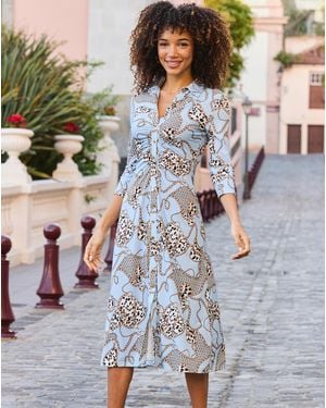 Sosandar Print Ruched Midi Dress - Blue