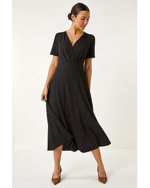 Roman Roman Textured Wrap Bodice Midi Dress - Black
