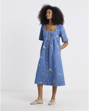 Simply Be Daisy Embroidered Denim Dress - Blue
