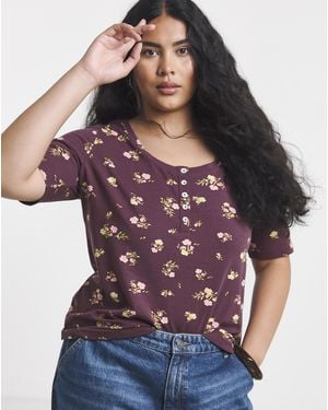 Simply Be Printed Ss Henley Top - Red